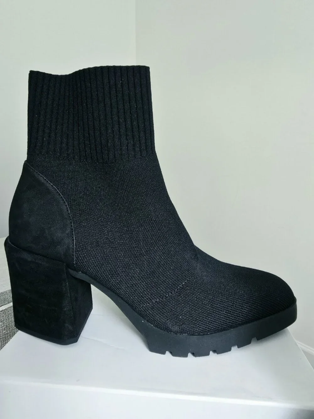 Eileen Fisher Spell Black Stretch Knit Bootie Ankle Boots 10 Shoes Block Heel